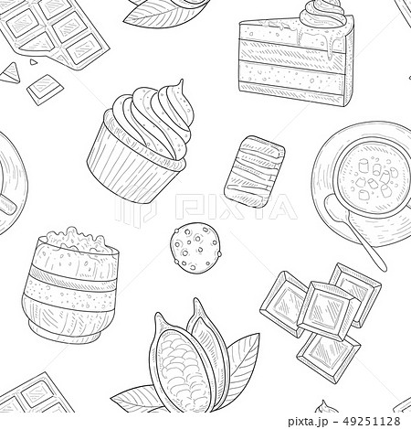 Cocoa Products Seamless Pattern, Cocoa Beans and Chocolate Desserts Monochrome Hand Drawn Vector 49251128