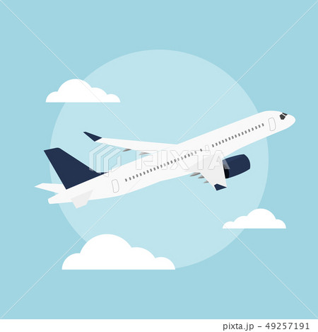 Flat Airplane flying in the blue sky background. 49257191
