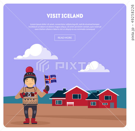 Visit Iceland Banner, Landscape with Little Houses and Happy Traveler Vector Illustration 49258226