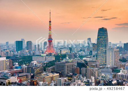 Tokyo, Japan cityscape and tower after sunset. Tokyo, Japan cityscape and tower after sunset. 49258467