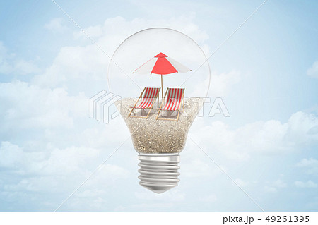 3d rendering of light bulb with two beach chairs and umbrella on sand inside on blue sky background 49261395