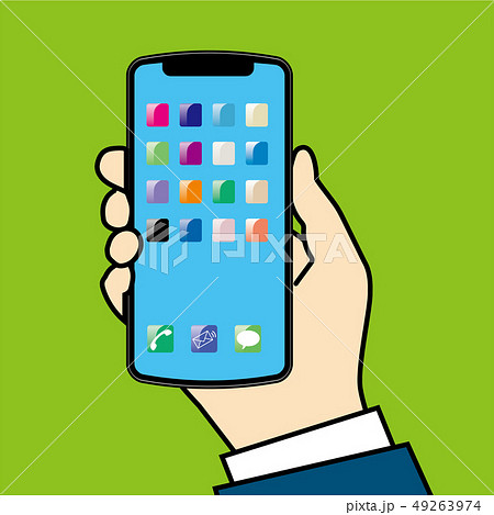 スマホを持つ右手のイラスト 主線 色々なアイコンの画面 Hand With Smartphoneのイラスト素材