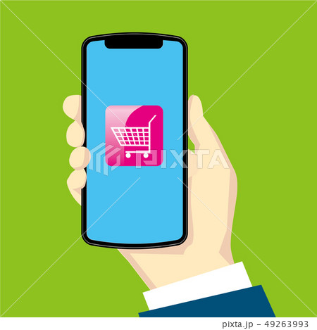スマホを持つ右手のイラスト｜ショッピングカートのアイコン｜Hand with smartphone 49263993