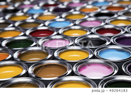 Full Buckets of rainbow colored oil paint 49264183