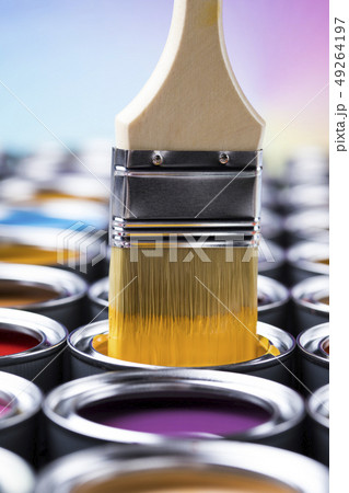 Paint brush, tin can and color guide samples Paint brush, tin can and color guide samples 49264197