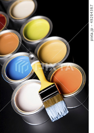 Tin cans with paint and brushes Tin cans with paint and brushes 49264367