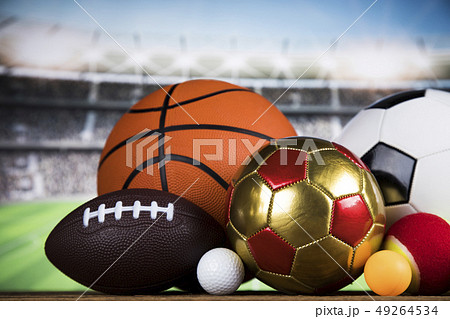 Sport equipment and balls, stadium background Sport equipment and balls, stadium background 49264534