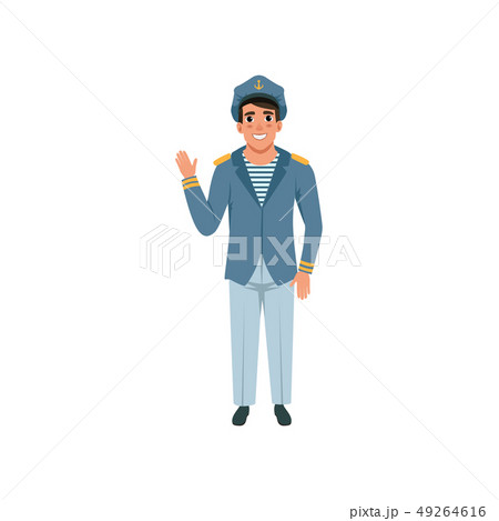Cheerful navy captain waving hand. Naval officer in formal wear blue jacket, pants, striped vest and 49264616
