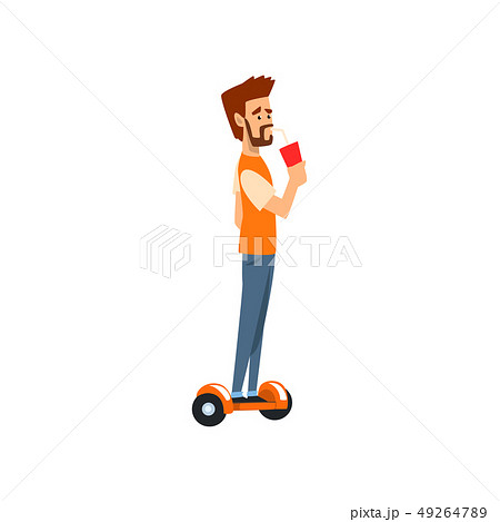 Young man riding a gyroscope with cup of soda drink in his hand vector Illustration on a white Young man riding a gyroscope with cup of soda drink in his hand vector Illustration on a white 49264789