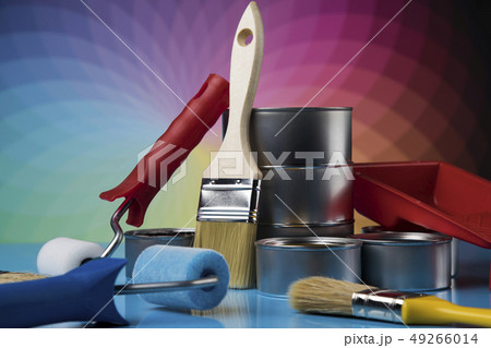 Paint brush, tin can and color guide samples Paint brush, tin can and color guide samples 49266014