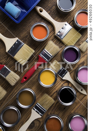 Paint brush, tin can and color guide samples Paint brush, tin can and color guide samples 49266030