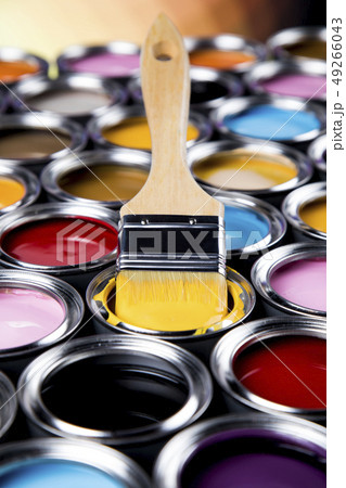 Tin cans with paint and brushes 49266043