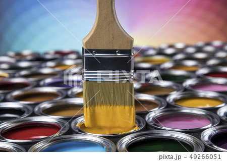 Paint brush, tin can and color guide samples 49266051
