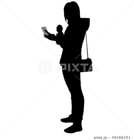 girl in jacket, jeans, sneakers makes selfie with smartphone girl in jacket, jeans, sneakers makes selfie with smartphone 49266201