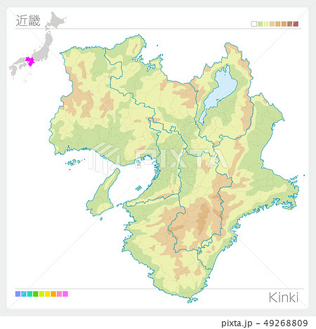 近畿の地図 Kinki 等高線 色分け のイラスト素材