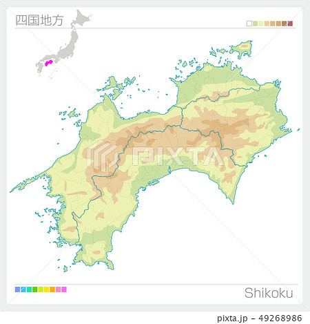 四国地方の地図・Shikoku（等高線・色分け） 49268986