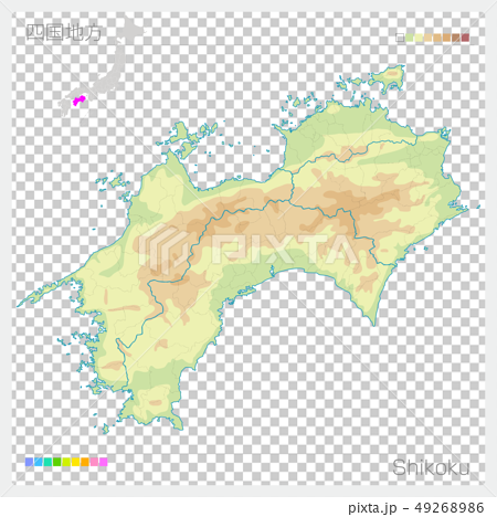 四国地方の地図・Shikoku（等高線・色分け） 49268986