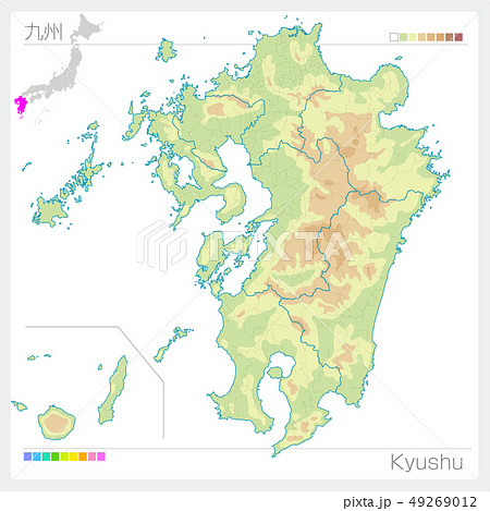 九州地方の地図・Kyushu（等高線・色分け）