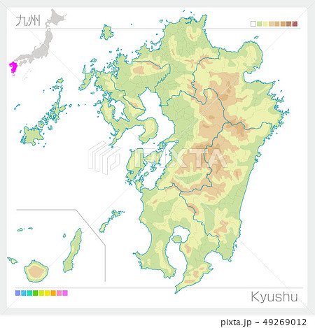 九州地方の地図 Kyushu 等高線 色分け のイラスト素材