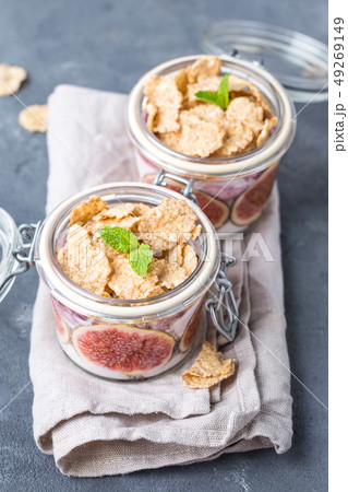 Yoghurt in jar with muesli 49269149