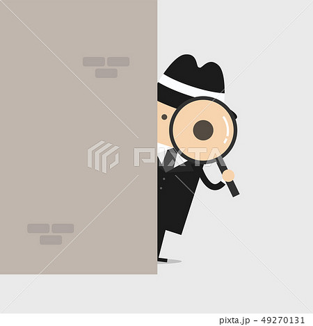 Detective holding a magnifying glass behind wall. 49270131
