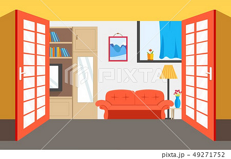 Flat cozy room in house with open doors background vector illustration concept 49271752