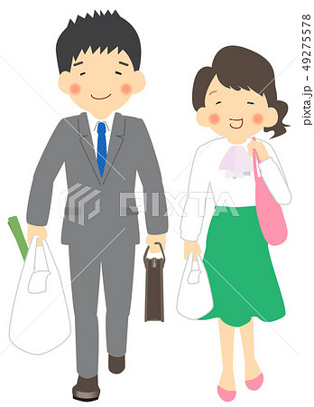 仕事終わりに買い物して帰る夫婦のイラスト素材