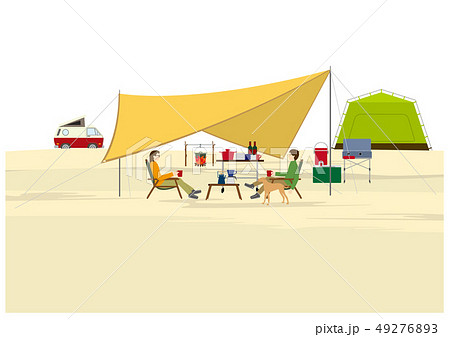 キャンプ たき火 オートキャンプ バーベキュー テント おしゃれ 犬のイラスト素材
