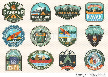 Set of summer camp, canoe and kayak club badges. Vector. For patch. Design with camping, mountain 49278826