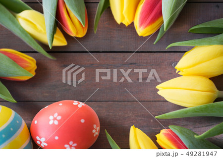 close up of colored easter eggs and tulip flowers close up of colored easter eggs and tulip flowers 49281947