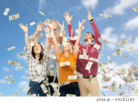 happy friends picking money falling from up above happy friends picking money falling from up above 49283292