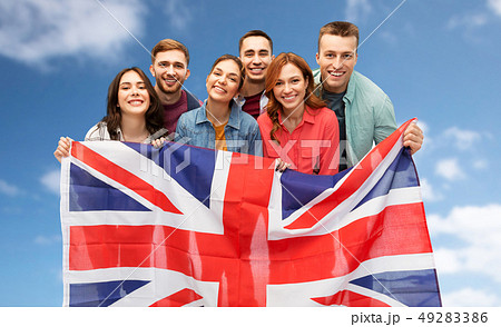 group of smiling friends with british flag group of smiling friends with british flag 49283386
