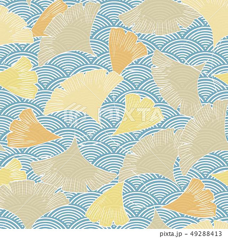 Wave seamless pattern with gingko leaf vector.  49288413