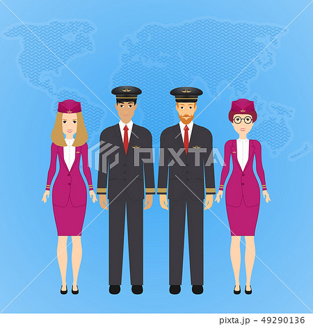 Vector illustration of pilot and stewardess in formal clothes on blue background with a map of the Vector illustration of pilot and stewardess in formal clothes on blue background with a map of the 49290136