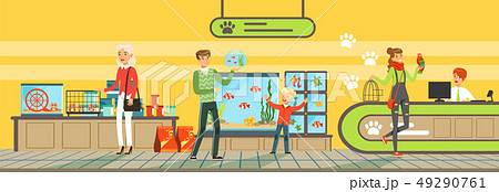 People buying pets, food products, accessories and medicaments from pet store Illustration in flat People buying pets, food products, accessories and medicaments from pet store Illustration in flat 49290761