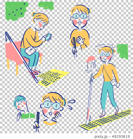 Various scenes set of women with visual impairment (low vision) with white cane 49293619