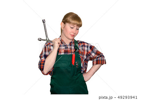 female auto mechanic with lug wrench isolated on female auto mechanic with lug wrench isolated on 49293941