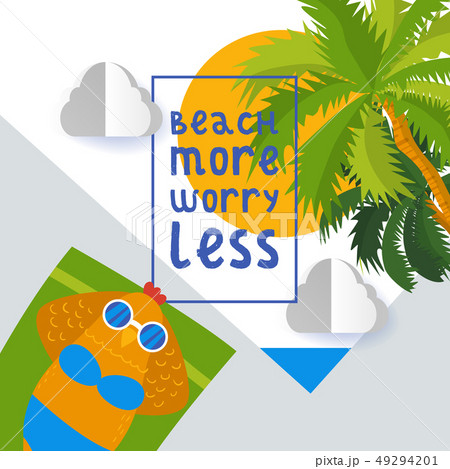 Chicken or hen on beach poster, banner vector illustration. Cartoon pullet or bird in swimsuit and 49294201