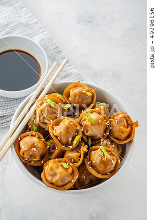 Fried dumplings with soy sauce with pepper and green onions. Asian cuisine. Copy space. Fried dumplings with soy sauce with pepper and green onions. Asian cuisine. Copy space. 49296156