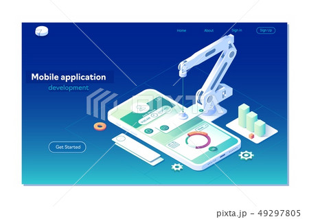 Mobile app development vector illustration. Isometric mobile phone with layout of application. User Mobile app development vector illustration. Isometric mobile phone with layout of application. User 49297805