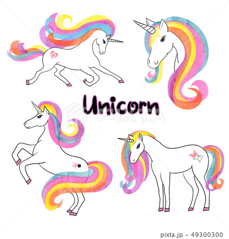 Beautiful rainbow watercolor unicorns set. 49300300