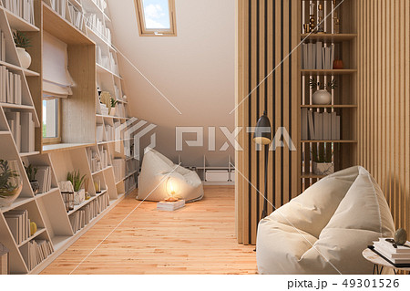 3d illustration interior design ilving room of the attic floor of a private cottage 49301526