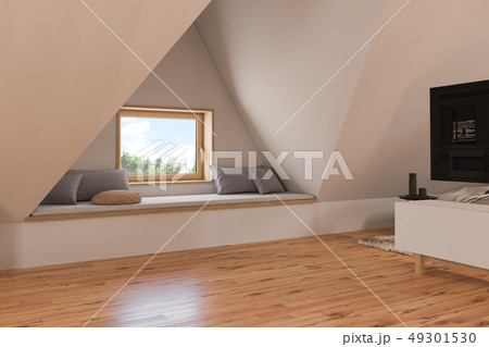 3d illustration interior design ilving room of the attic floor of a private cottage 49301530