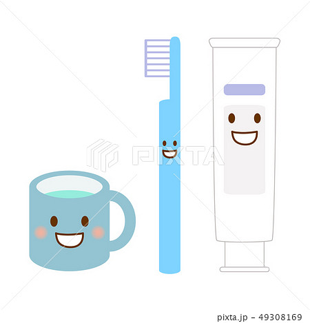 歯ブラシとコップ歯磨き粉顔ありのイラスト素材