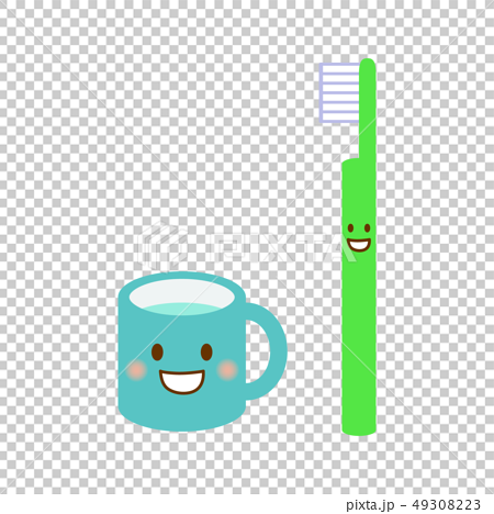 歯ブラシとコップ歯磨き粉顔あり緑青のイラスト素材
