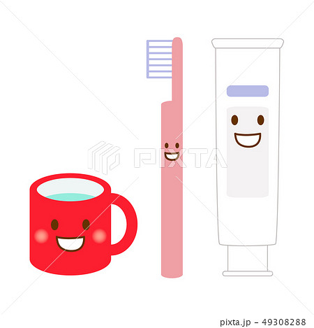 歯ブラシとコップ顔あり歯磨き粉赤ピンクのイラスト素材 4930