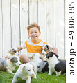 Little boy and corgi puppies 49308385
