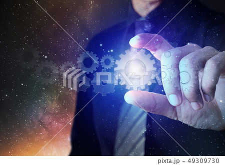businessman present set of gears, teamwork businessman present set of gears, teamwork 49309730