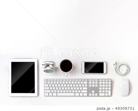 top view work space with tablet and computer top view work space with tablet and computer 49309731