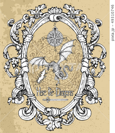 Dragon snorting fire with compass and sword Dragon snorting fire with compass and sword 49310746